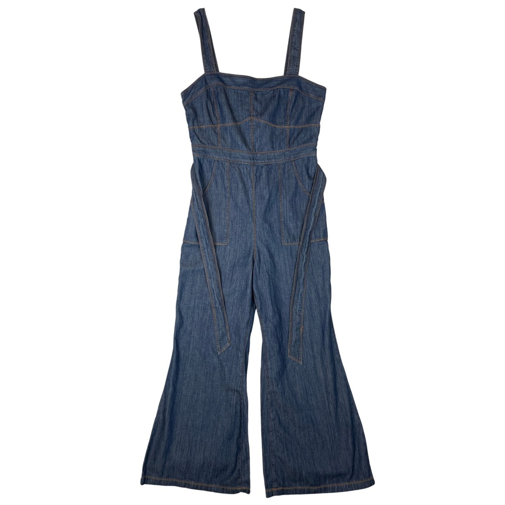 Anthropologie Ett:Twa Denim Jumpsuit Women's‎ Blue Wide Leg Sleeveless Belted 10